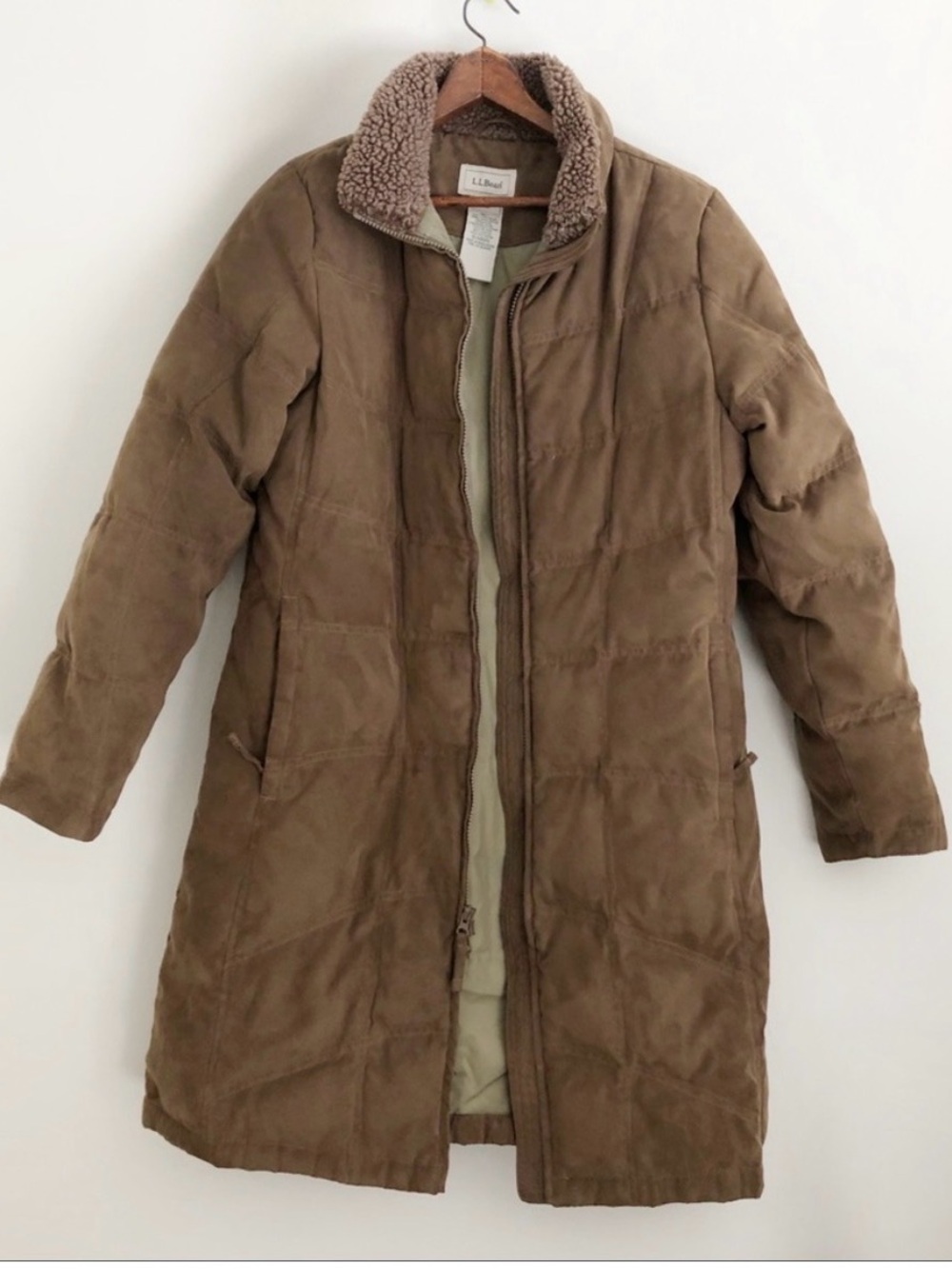 Brown L.L. Bean Long Goose Down Jacket sz M brown two way full zip fur collar